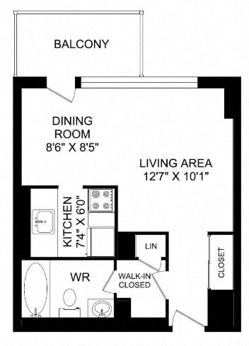Floor plan for studio, 1 bath, 427 sqft